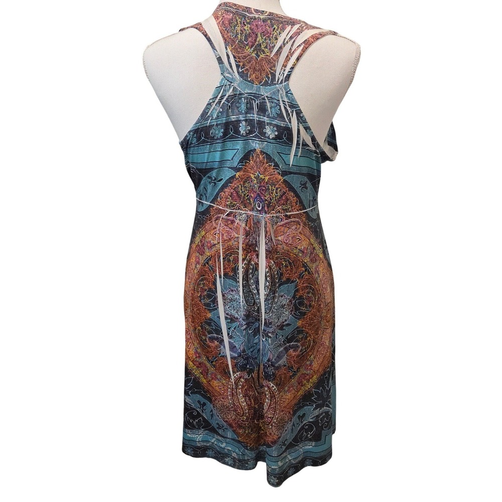 One World Paisley Rhinestone V-Neck  Dress‎ Blue Medium Boho Hippie Festival - Picture 4 of 10